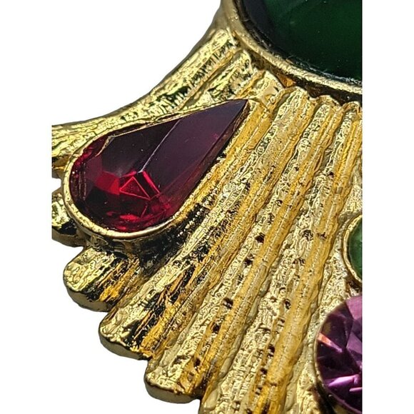 Designer High End Colorful Brooch Gold Tone Molded Glass Rhinestones - Picture 12 of 13